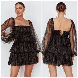 Angel Bibia Tulle Tiered Black Gold Glitter Dress, XS